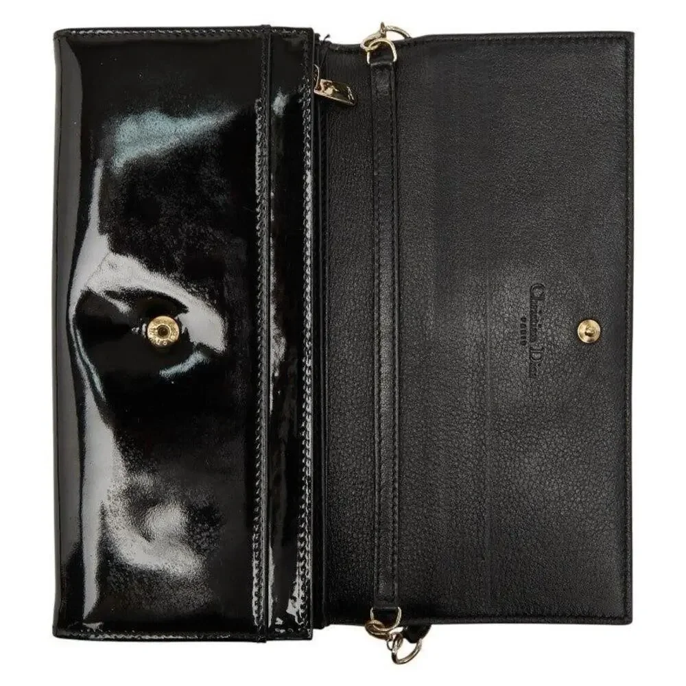 Dior Patent Leather Logo Chain Long Wallet Black